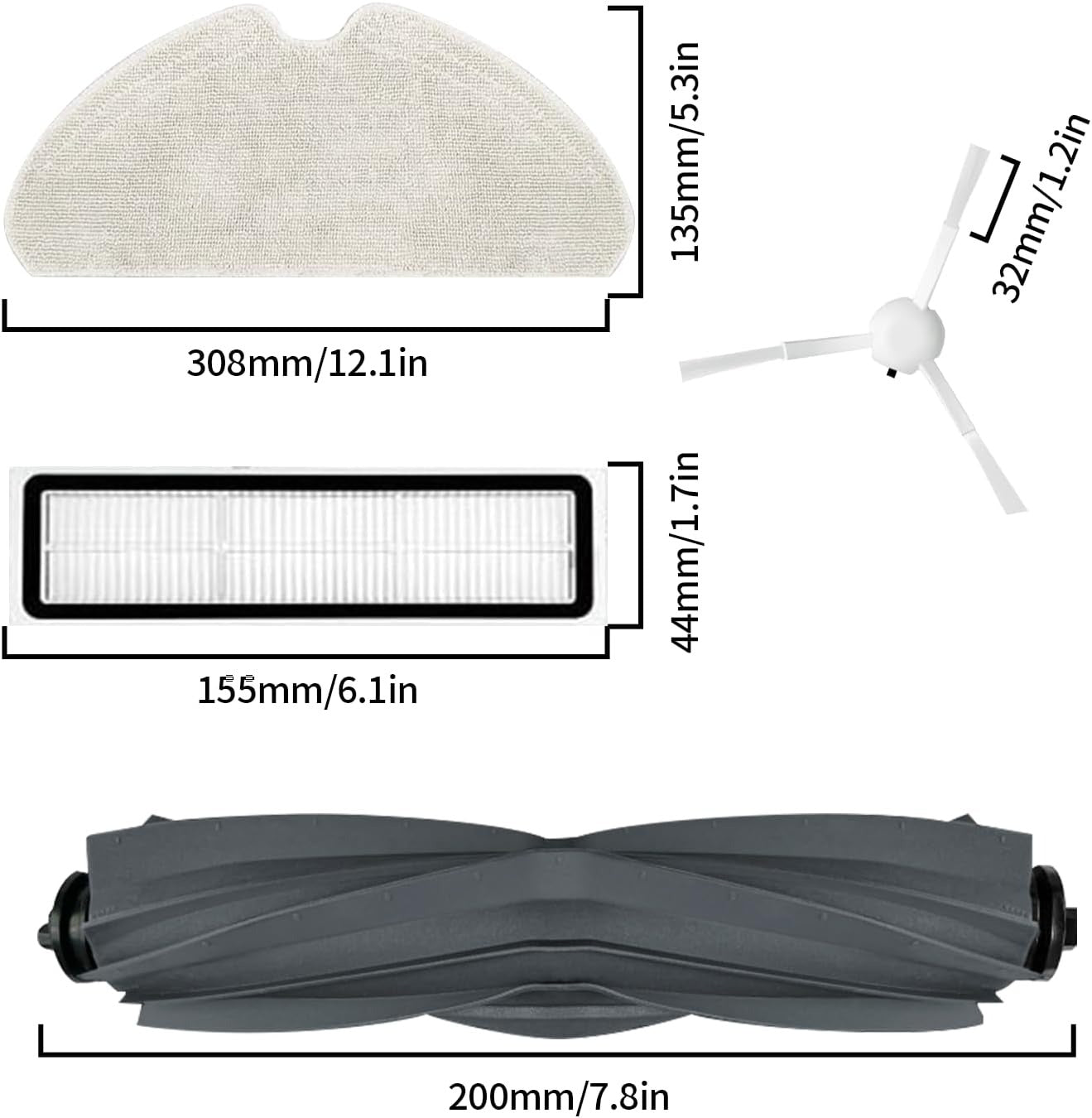 Replacement Accessory Set for Dreame D10s / D10s Pro, 1 Main Brush, 2 Filters, 4 Side Brushes, 4 Mop Cloths, 1 Brush Cleaning Tool