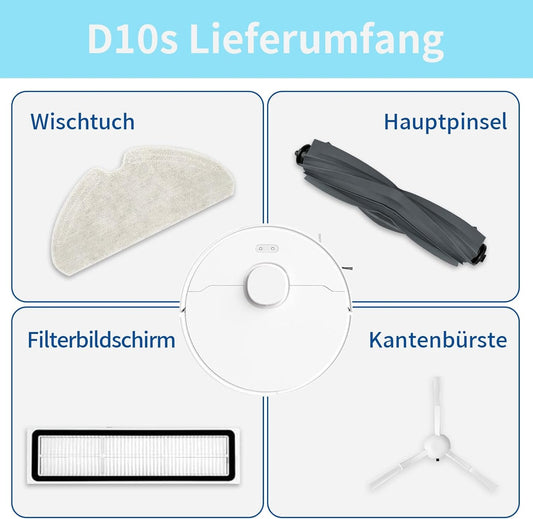 Replacement Accessory Set for Dreame D10s / D10s Pro, 1 Main Brush, 2 Filters, 4 Side Brushes, 4 Mop Cloths, 1 Brush Cleaning Tool