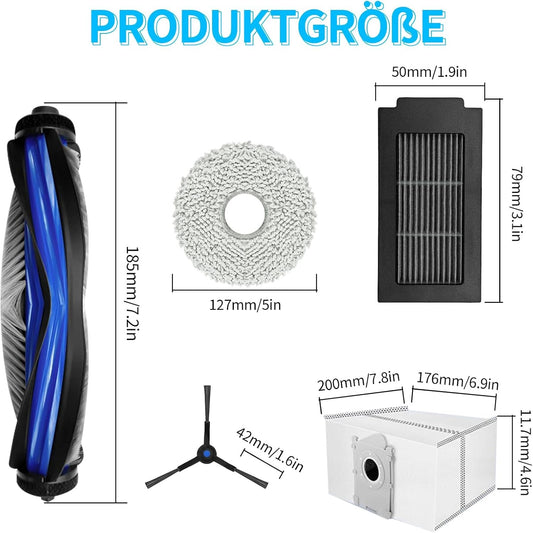 Accessory Set for Ecovacs Deebot T50 Pro Omni / T50 Pro / T50 Omni Robot Vacuum Cleaner, 1 Main Brush, 4 Wipes, 4 Filters, 6 Side Brushes, 4 Dust Bags, 1 Cleaning Brush