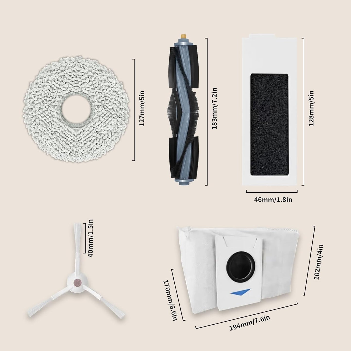 Replacement Accessory Set for Ecovacs Deebot T20 Omni / T20e Omni, 1 Main Brush, 2 Filters, 8 Side Brushes, 4 Mop Cloths, 3 Dust Bags, 1 Brush Cleaning Tool